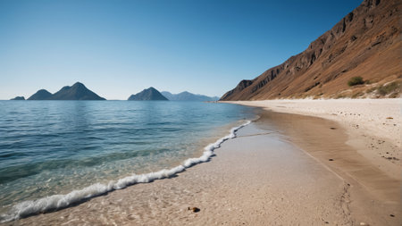Tranquil beach and distant mountain sceneryの素材