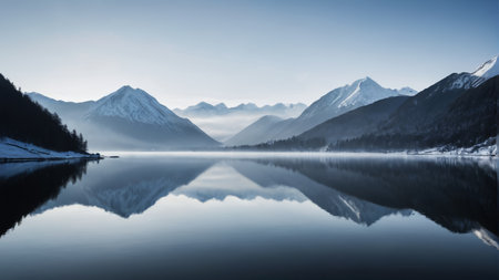 Calm lake scenery surrounded by snow capped mountainsの素材