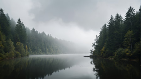 Forest lake shrouded in mist and natural landscapeの素材
