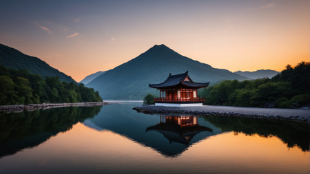 Lakeside pavilion and landscape dusk viewの素材