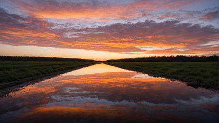 Water scenes and gorgeous sunset over the fieldsの素材