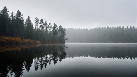 Calm lake landscape next to forest in fogの素材