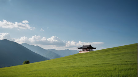 Chinese pavilions among green mountains and green grassの素材