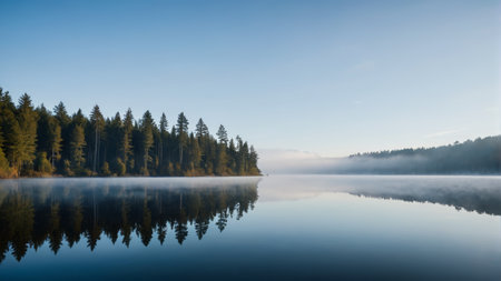 Forest Lake Morning Mist Natural Sceneryの素材