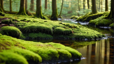 Waterside view with moss in the forestの素材