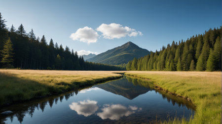 Mountain, forest, river and grassland sceneryの素材