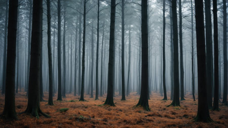 A quiet forest scene shrouded in mistの素材