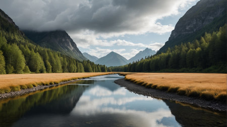 Panoramic view of natural scenery of mountain riversの素材