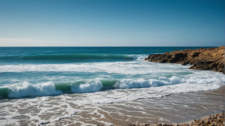 Seaside scenery with waves crashing on the beachの素材