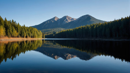 Quiet lake landscape surrounded by mountains and forestsの素材