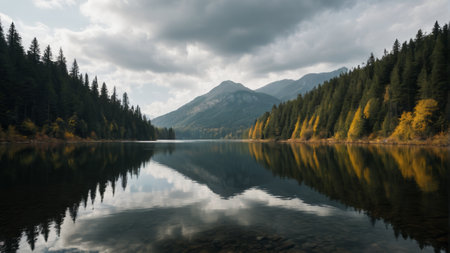 Natural scenery of calm lakes in the mountains and forestsの素材