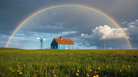 Blue House Windmill and Rainbow Landscape on the Grasslandの素材