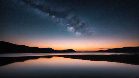 Lake starry sky and sunrise viewの素材