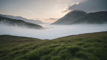 Mountain morning misty natural sceneryの素材