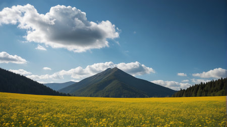 Grassland yellow flowers and mountain scenery with blue sky and white cloudsの素材