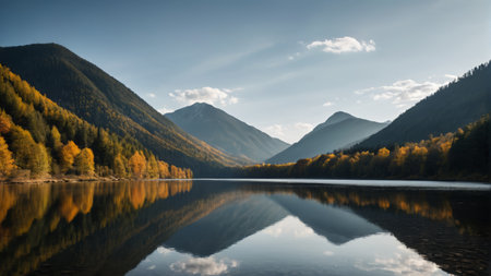 Quiet scenery of mountains, forests and lakes in autumnの素材
