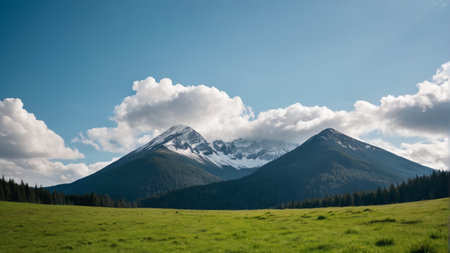 Snowy mountain grassland landscape under blue sky and white cloudsの素材