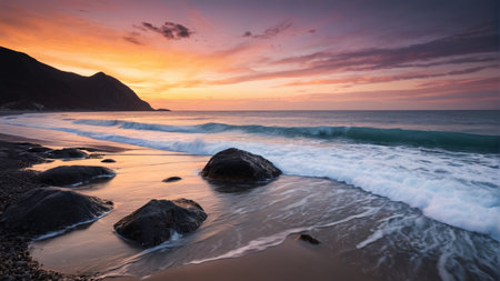 Beach waves crashing against rocks at sunsetの素材