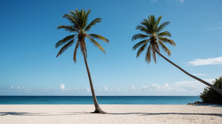 Two leaning coconut trees on the beachの素材