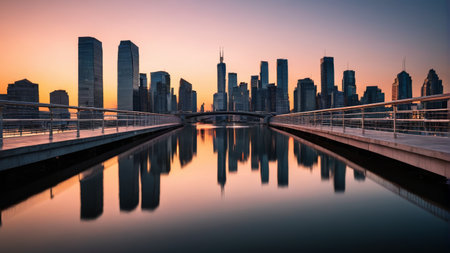 Reflecting landscape of the city skyline at duskの素材