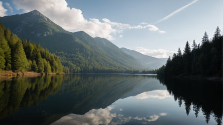 The tranquil lake natural scenery among the mountains and forestsの素材