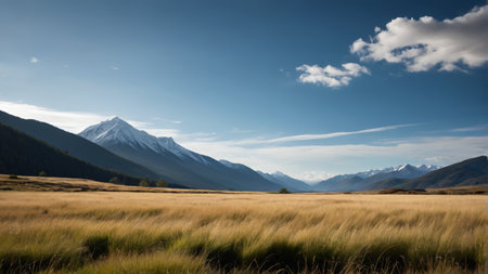 Vast grasslands and distant snow capped mountainsの素材