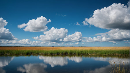 Wetland scenery under blue sky and white cloudsの素材