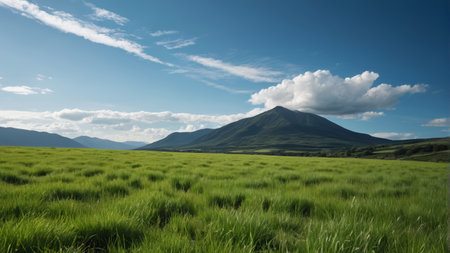 The vast grassland and the distant mountains with blue sky and white cloudsの素材