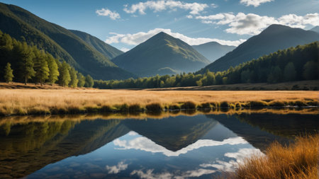 Mountain meadows and lakes natural sceneryの素材