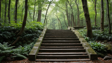 Stone steps leading deep into the forestの素材