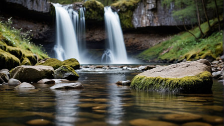 Tranquil stream beneath mountain waterfallの素材