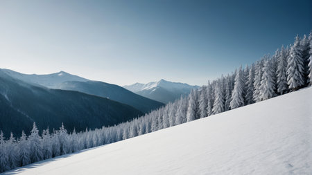 Snow covered mountains and forests and distant mountain sceneryの素材