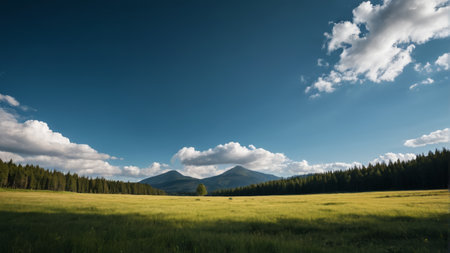 Grassland and forest scenery under blue sky and white cloudsの素材