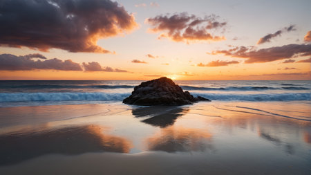 Beach sunset rock and wave viewの素材