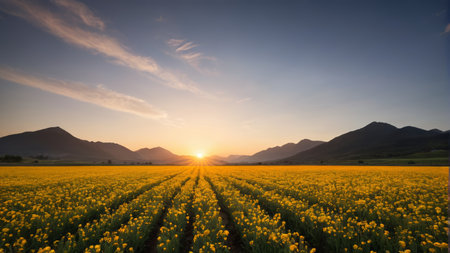 A sea of yellow flowers at sunset in the fieldsの素材