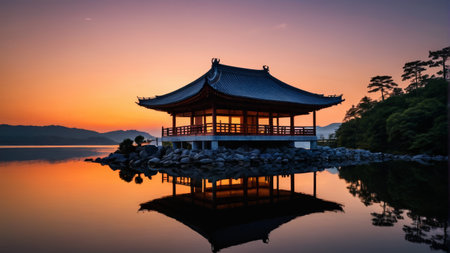 Sunset scene at the Chinese pavilion by the lakeの素材