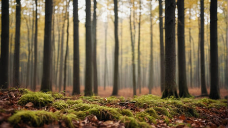Moss and fallen leaves on the forest floor in autumnの素材