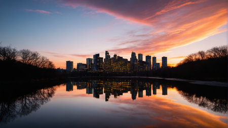 City skyline sunset reflection landscapeの素材