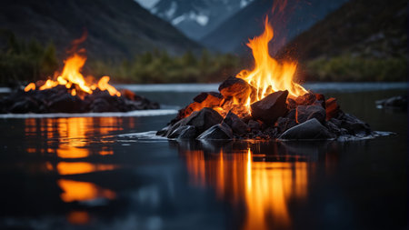 Night view of a bonfire burning by the lakeの素材