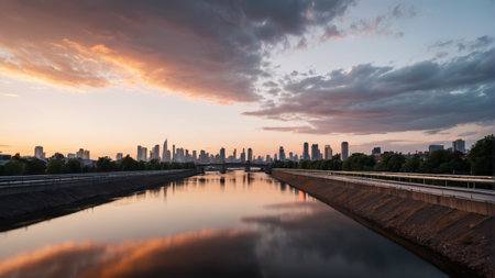 Dusk view of the riverside city skylineの素材