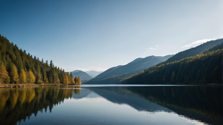 Calm lake scenery in the mountains and forestsの素材