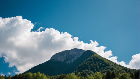 Green mountain scenery under blue sky and white cloudsの素材