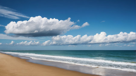 Beach and ocean views under blue sky and white cloudsの素材