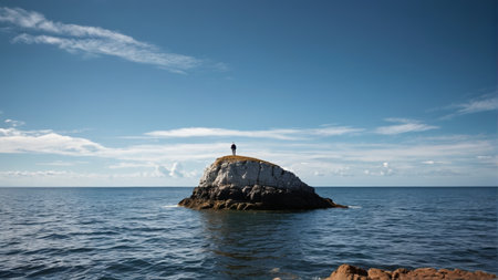 A person stands in the sea and looks out from the reefの素材