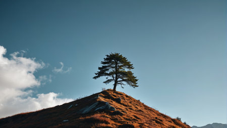 The lonely tree on the top of the mountain, blue sky and white clouds natural landscapeの素材