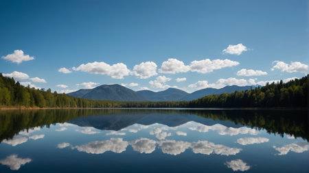 Panoramic view of mountains, forests, lakes, blue sky and white cloudsの素材