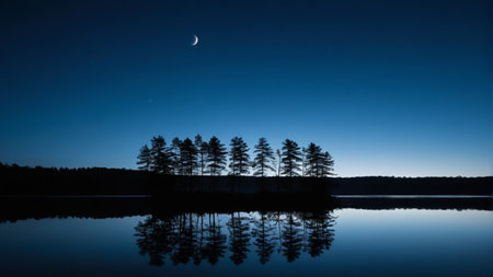 Reflections of trees on the lake under a moonlit nightの素材