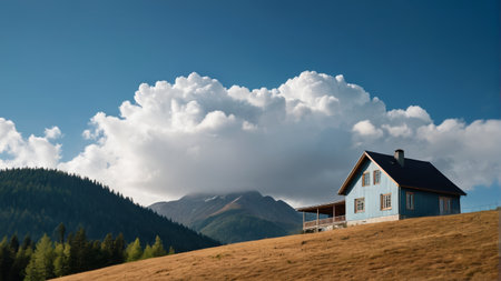 The hut on the hillside and the distant mountain forestの素材