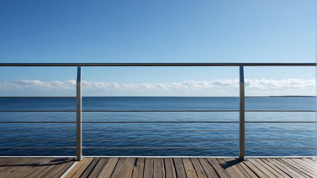 Seaside wooden platform and railings with sea viewの素材