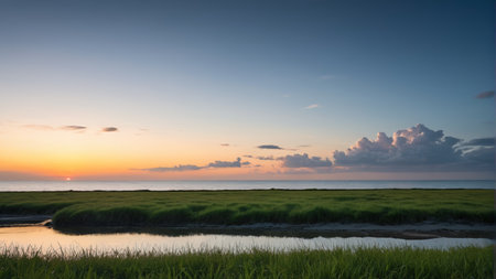 Sunset view of seaside meadowの素材